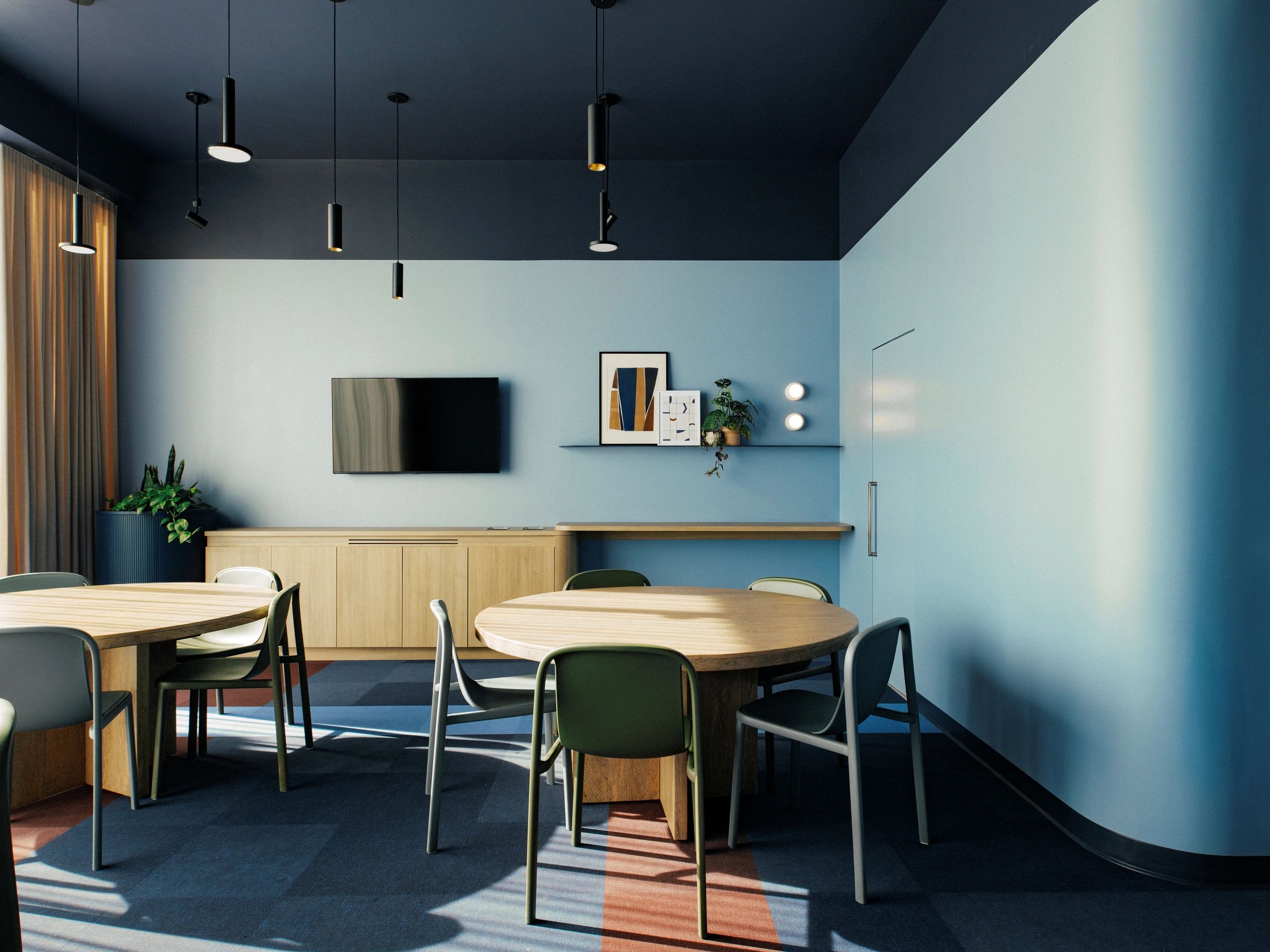 Espace collaboratif moderne bleu marine